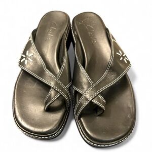Clarks Black Leather Slide Sandals